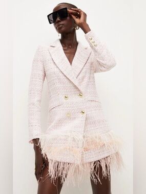 Karen Millen Pale Pink Tweed Double-Breasted Blazer Dress with Feather Trim